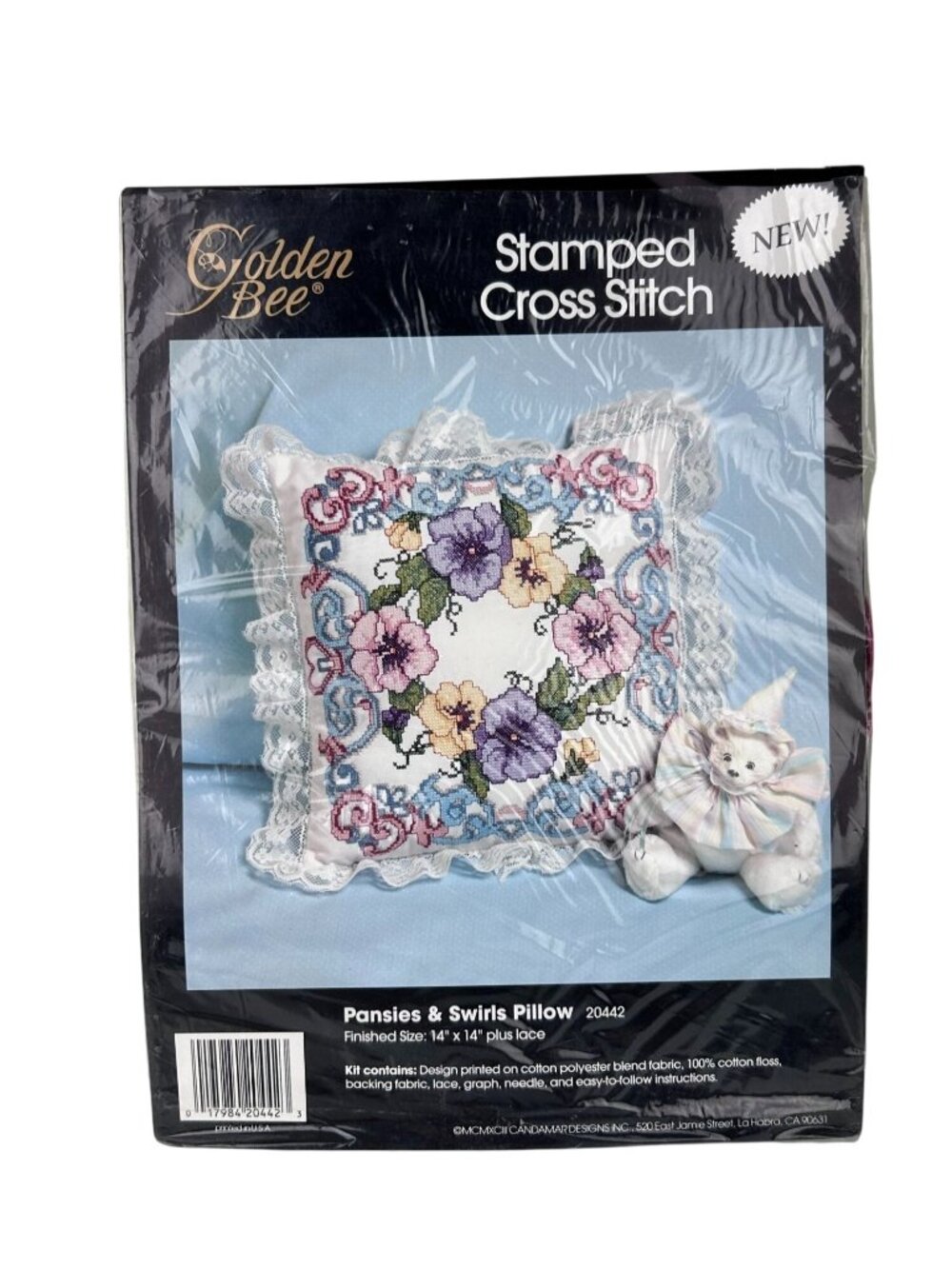 Stamped Cross Stitch Candamar Designs Golden Bee 1993 Pansies Swirls Pillow OPEN
